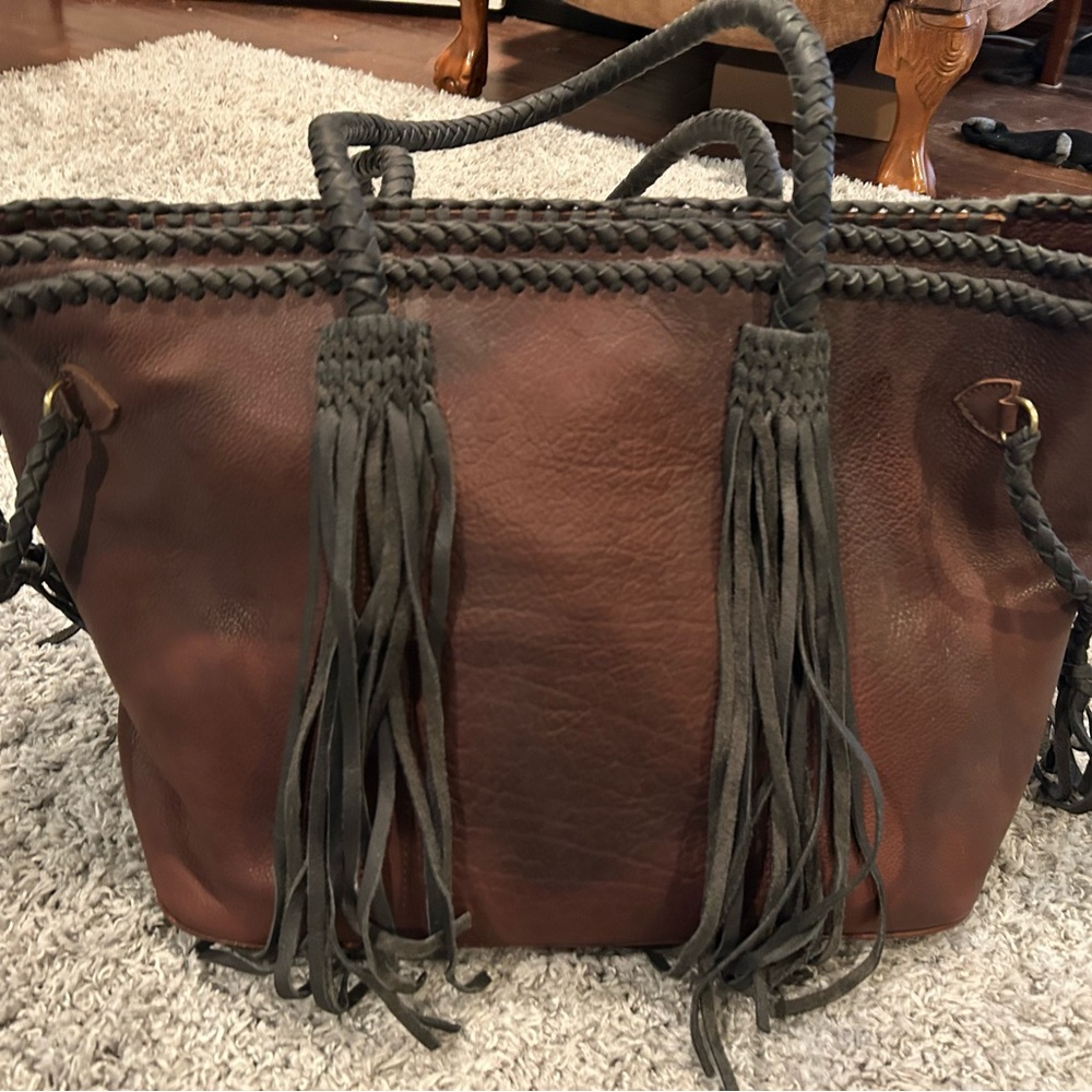 American Darling Brown Leather Tote with Braided Handles & Fringe